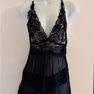 Sheer Lace Plunge Chemise Nightgown - Black